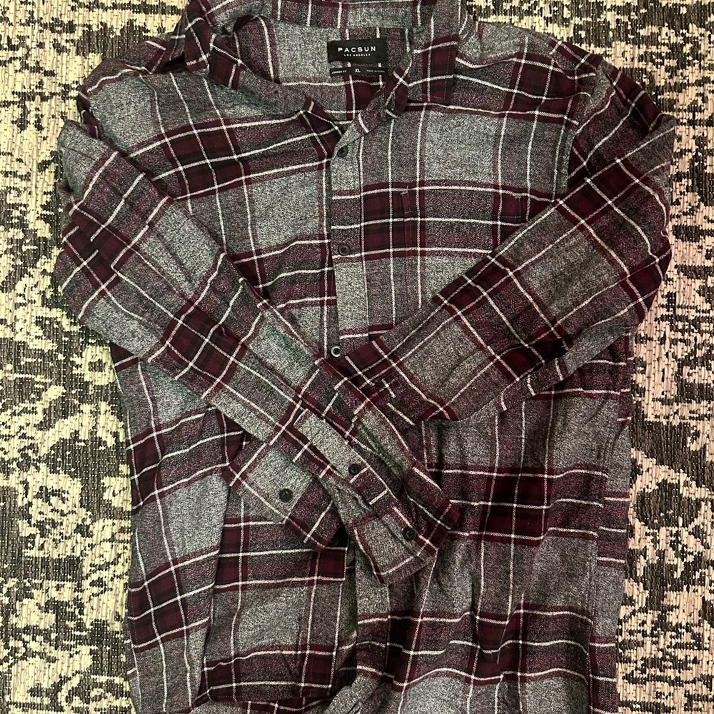 PacSun Men's Burgundy and Gray Checkered Shirt